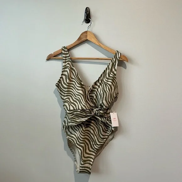 NWT Andie Swim Capri Wrap Front One Piece in Bias Stripe Olive M - Picture 1 of 11